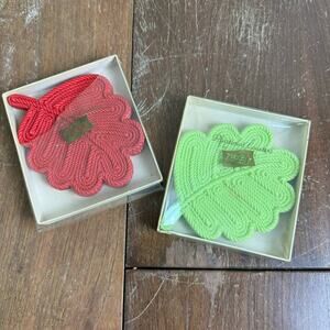 Set of 12 Green Red Plastimat by Hedwin Plastic Leaf Coasters MCM bar ware